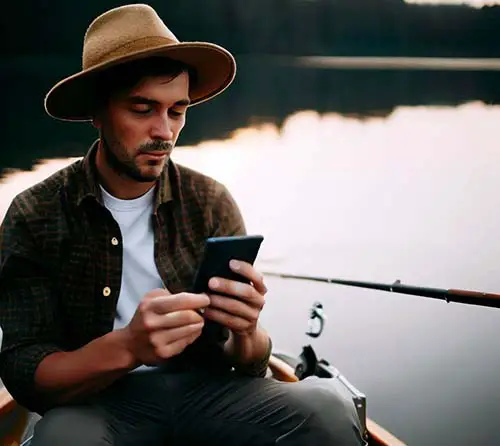 fishing in a boat looking at phone