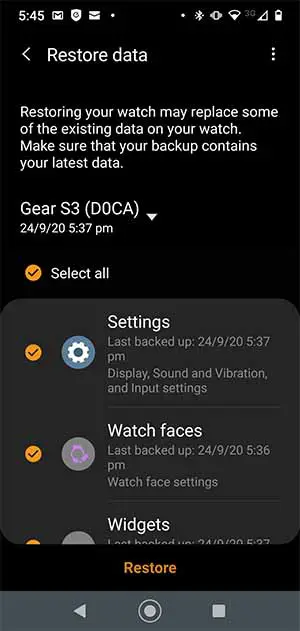 Samsung Gear S3 Frontier restore data