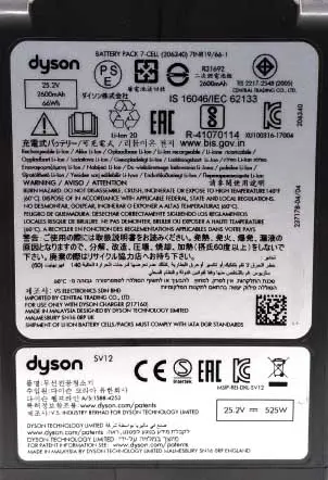Dyson V10 battery specs underneath lithium ion battery