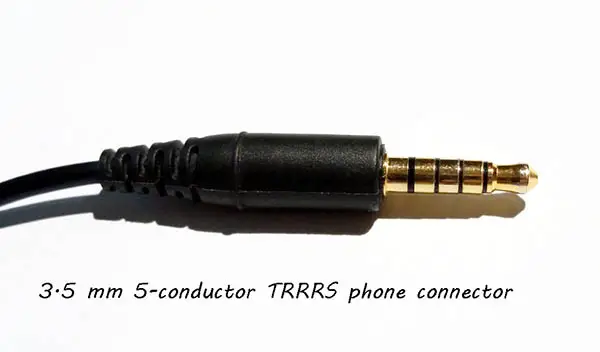 A 3.5 mm 5-conductor TRRRS phone connector