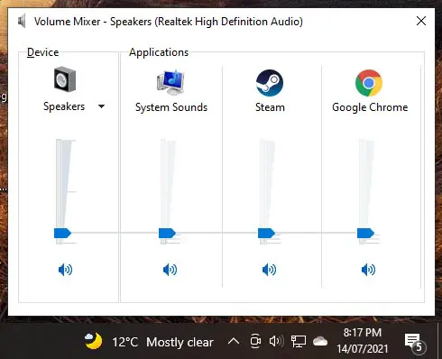 Volume sound mixer windows 10 applications