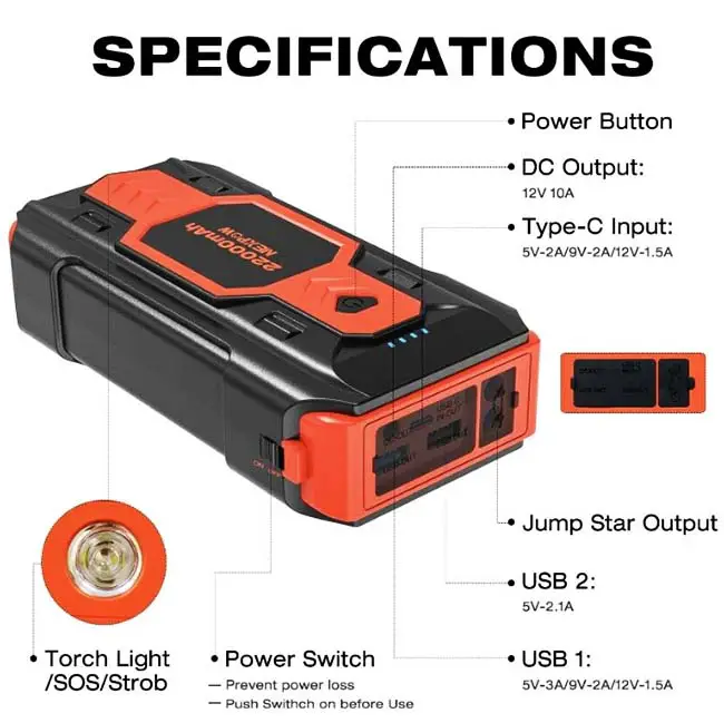 Nexpow 2500A 22000mAh jump starter specifications