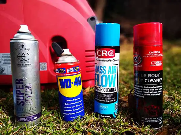 Starting Fluid Substitutes hair spray, wd40 mass air flow cleaner, throttle body cleaner