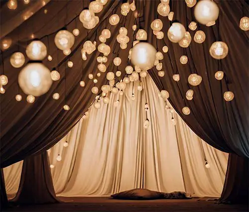 camping tent full of light globes